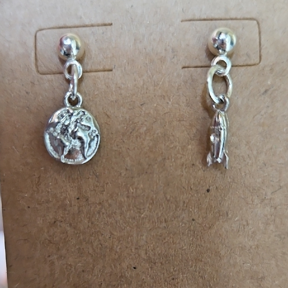 Silver Earth and Rocket Drop Earrings